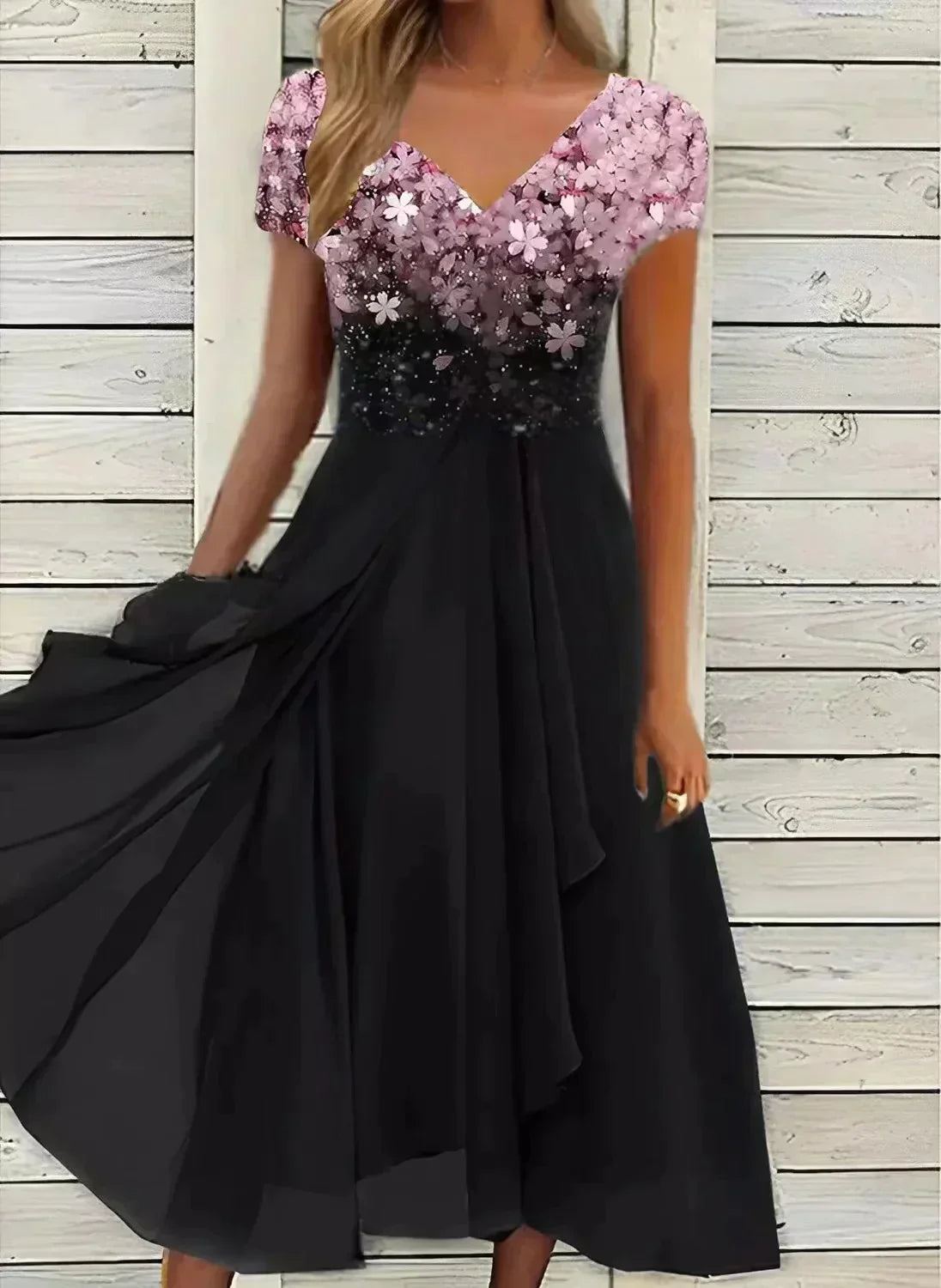 Camille Laurent | Elegant festkjole i midi-længde med blomsterprint og chiffon