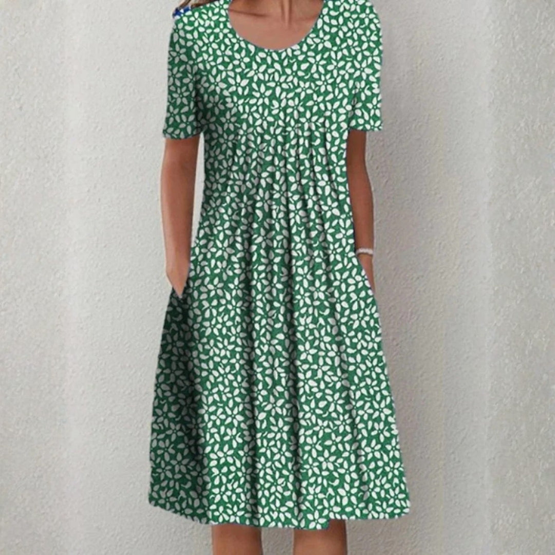 Natalie | Midi Sommerkjole Marineblå Blomsterprint A-linje med Lommer til Kvinder