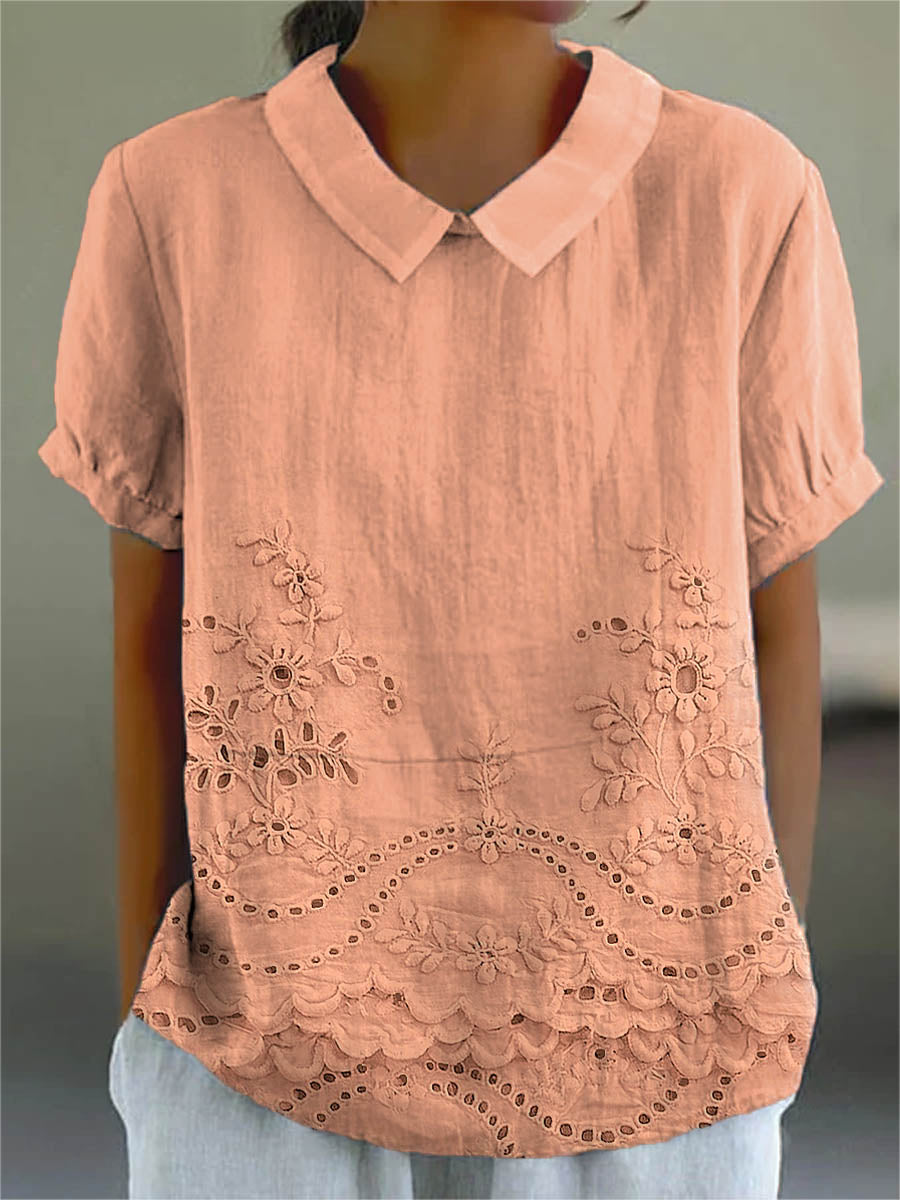 Vivette | Bluse Lyserød Bomuld-Lin Broderi Peter Pan-Krave til Kvinder