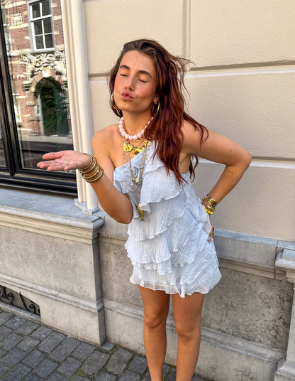 Séverine | Mini Kjole Blå Frynset Stropløs Fest til Kvinder