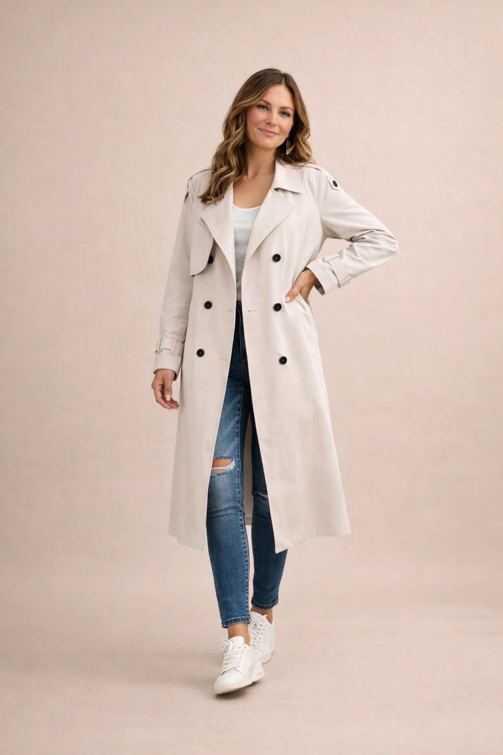 Améline | Trenchcoat Beige Dobbeltknappet Maxi til Kvinder