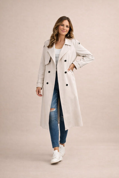 Améline | Trenchcoat Beige Dobbeltknappet Maxi til Kvinder