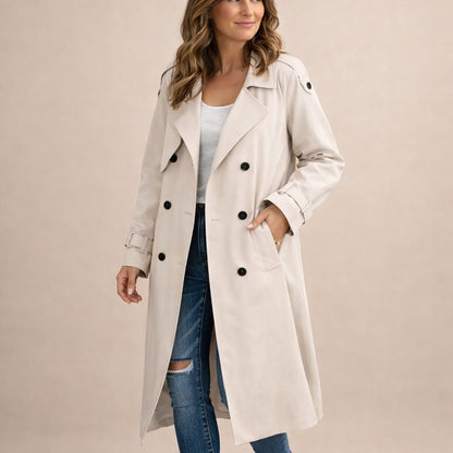 Améline | Trenchcoat Beige Dobbeltknappet Maxi til Kvinder