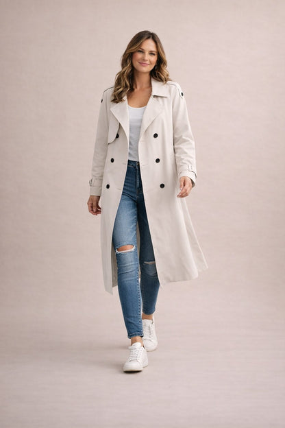 Lucrezia | Trenchcoat Beige Dobbeltknappet Maxi til Kvinder