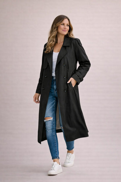 Améline | Trenchcoat Beige Dobbeltknappet Maxi til Kvinder