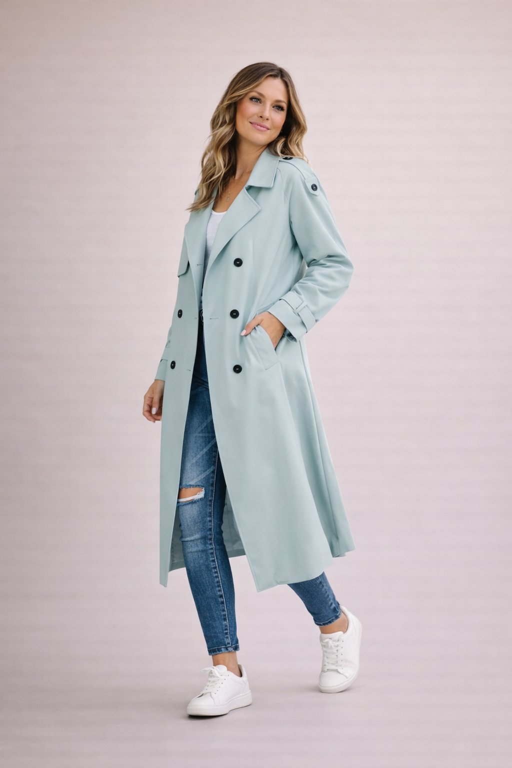 Améline | Trenchcoat Beige Dobbeltknappet Maxi til Kvinder