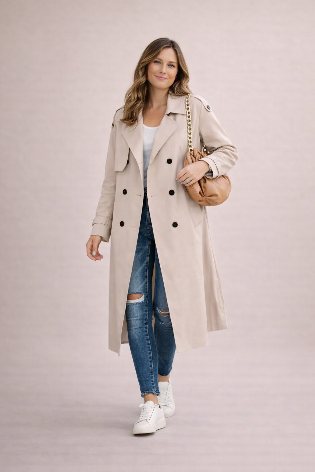 Lucrezia | Trenchcoat Beige Dobbeltknappet Maxi til Kvinder