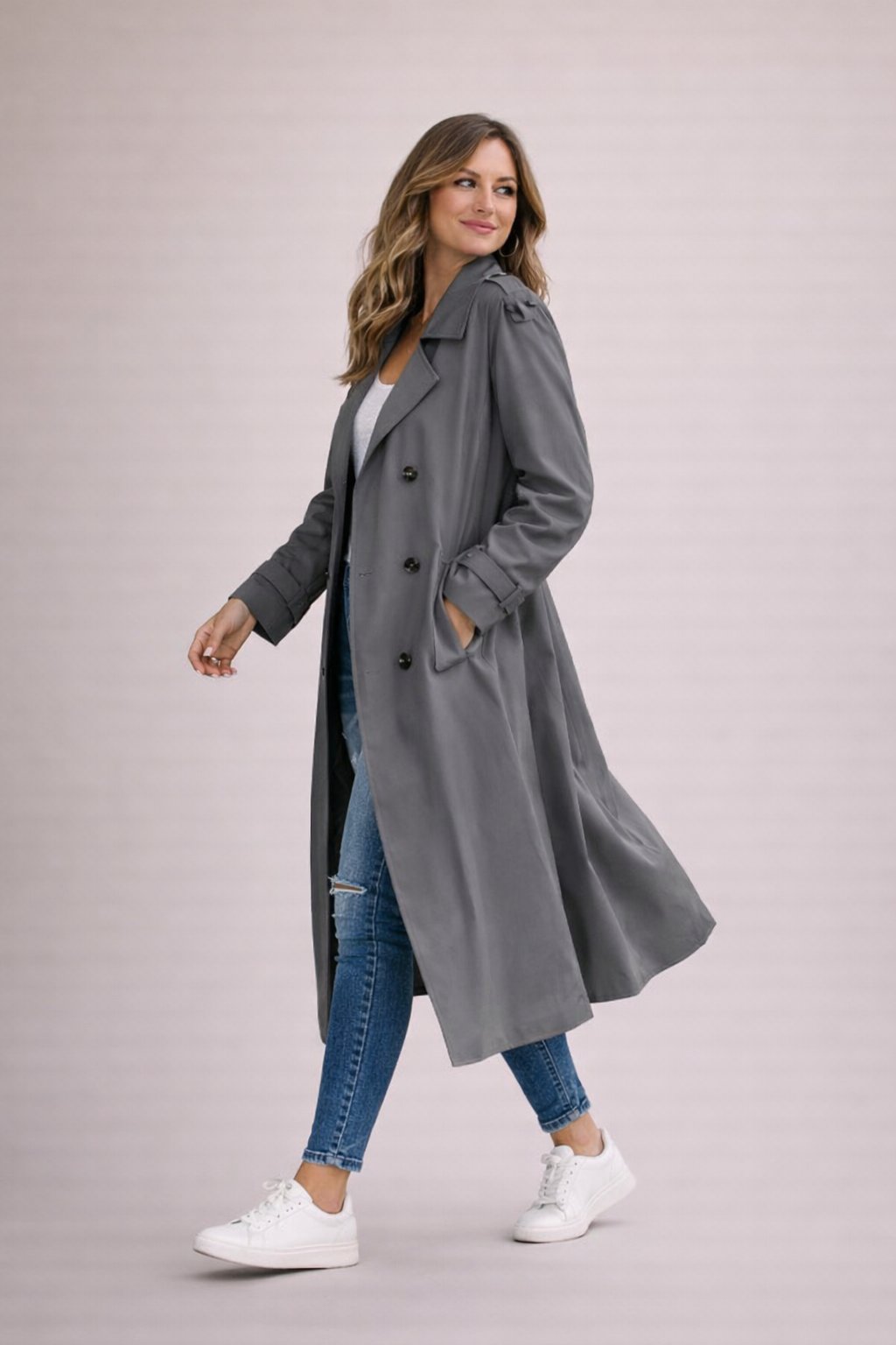 Lucrezia | Trenchcoat Beige Dobbeltknappet Maxi til Kvinder