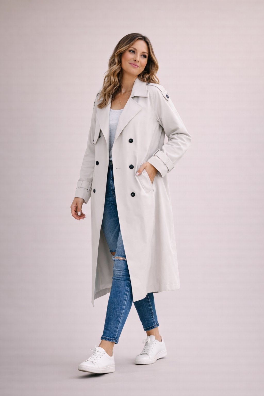Lucrezia | Trenchcoat Beige Dobbeltknappet Maxi til Kvinder
