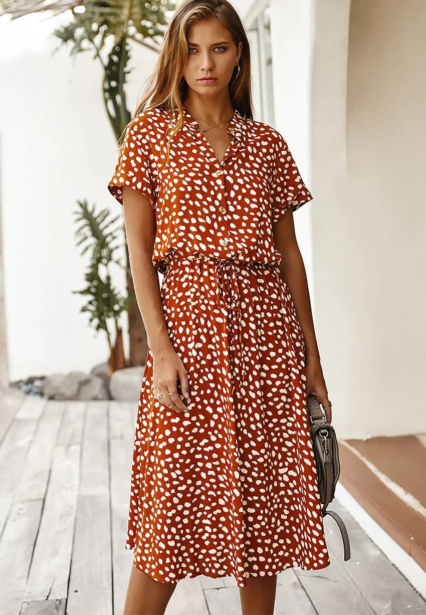 Camille | Midi Sommerkjole Hvid Leopardprint Viskose Bindebånd til Kvinder