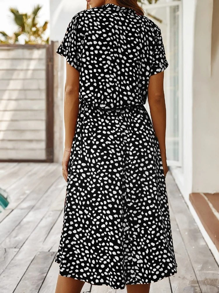 Camille | Midi Sommerkjole Hvid Leopardprint Viskose Bindebånd til Kvinder