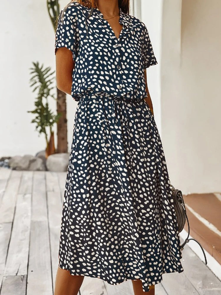 Camille | Midi Sommerkjole Hvid Leopardprint Viskose Bindebånd til Kvinder