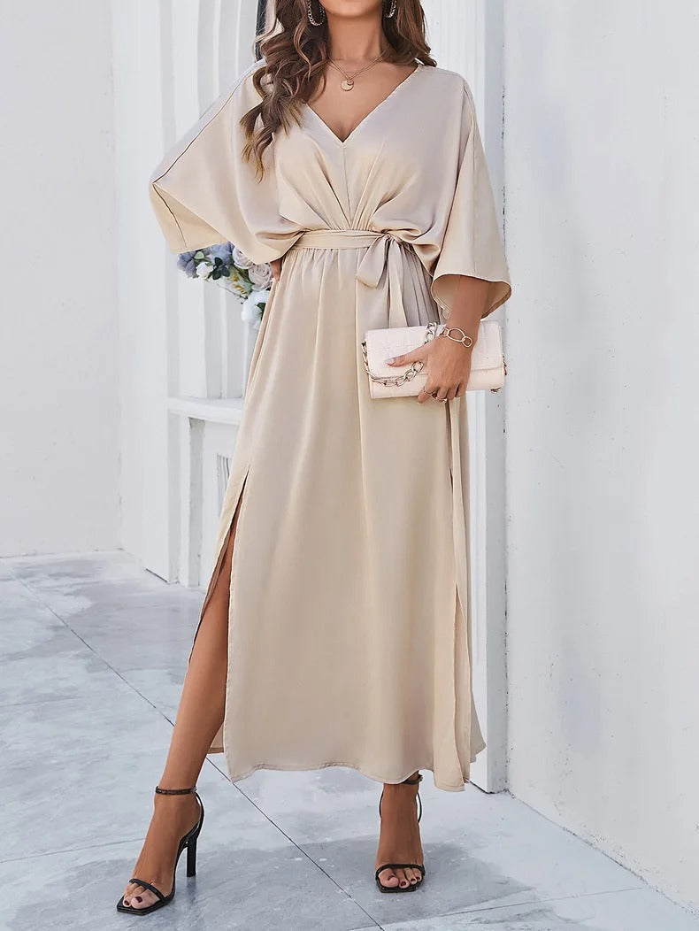 Léonie | Maxi Kjole Beige Satin V-hals Bindebælte til Kvinder