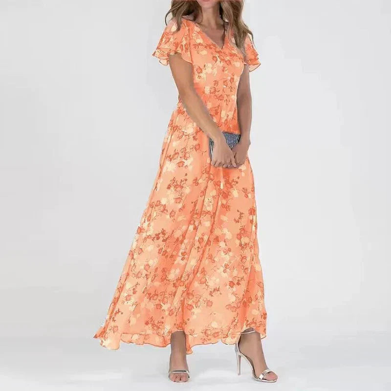 Rosalie | Maxi Kjole Pink Blomstret Chiffon Flæseærmer til Kvinder