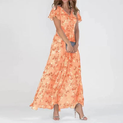 Rosalie | Maxi Kjole Pink Blomstret Chiffon Flæseærmer til Kvinder