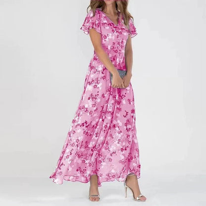 Rosalie | Maxi Kjole Pink Blomstret Chiffon Flæseærmer til Kvinder