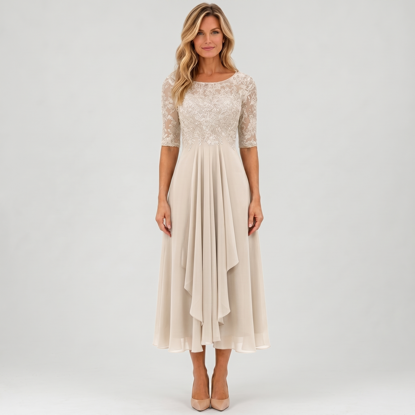 Camille Dupont midi-aftenkjole beige - model