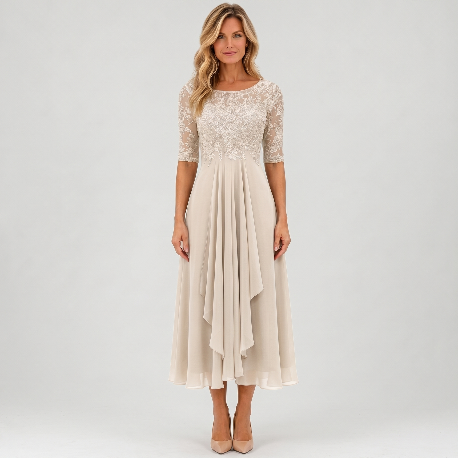 Camille Dupont midi-aftenkjole beige - model