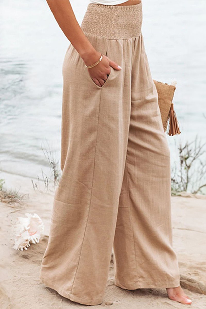 Colette | Vide Bukser Sand Linen Højtaljede Smock-Talje til Kvinder