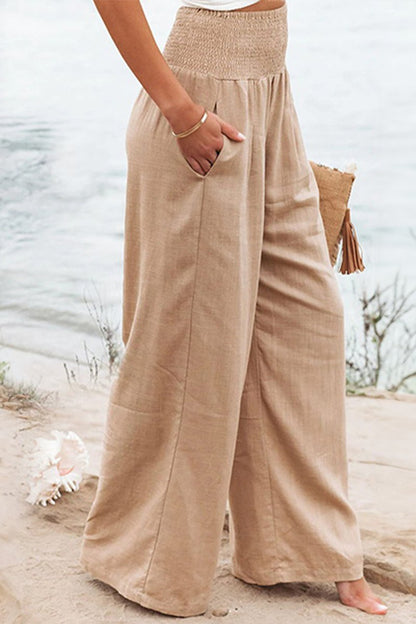 Colette | Vide Bukser Sand Linen Højtaljede Smock-Talje til Kvinder