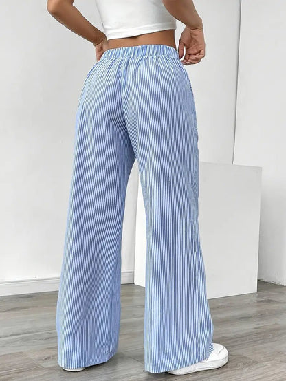Ines | Vide Bukser Gul Stribet Lin Snøretalje til Kvinder