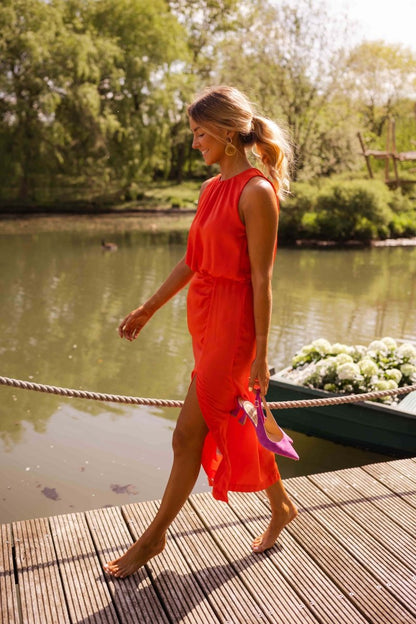 Lucia | Midi Sommerkjole Orange-Rød Halterneck Slids til Kvinder