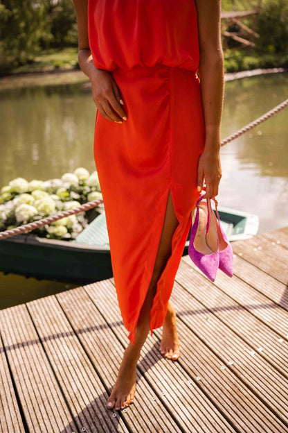 Lucia | Midi Sommerkjole Orange-Rød Halterneck Slids til Kvinder