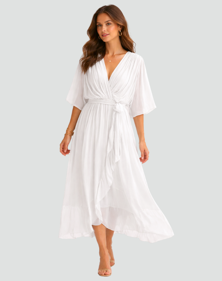 Vittoria | Maxi Festkjole Terrakotta Chiffon Slå-om V-hals til Kvinder