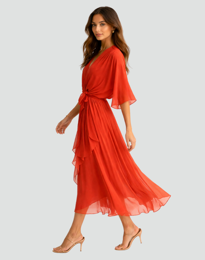 Vittoria | Maxi Festkjole Terrakotta Chiffon Slå-om V-hals til Kvinder
