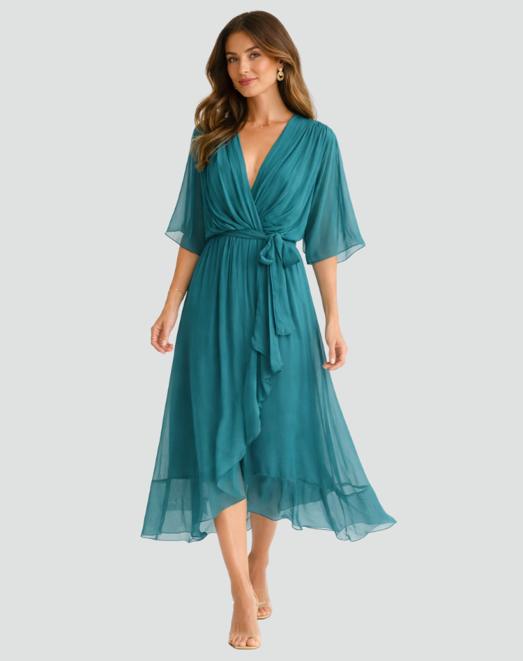 Vittoria | Maxi Festkjole Terrakotta Chiffon Slå-om V-hals til Kvinder
