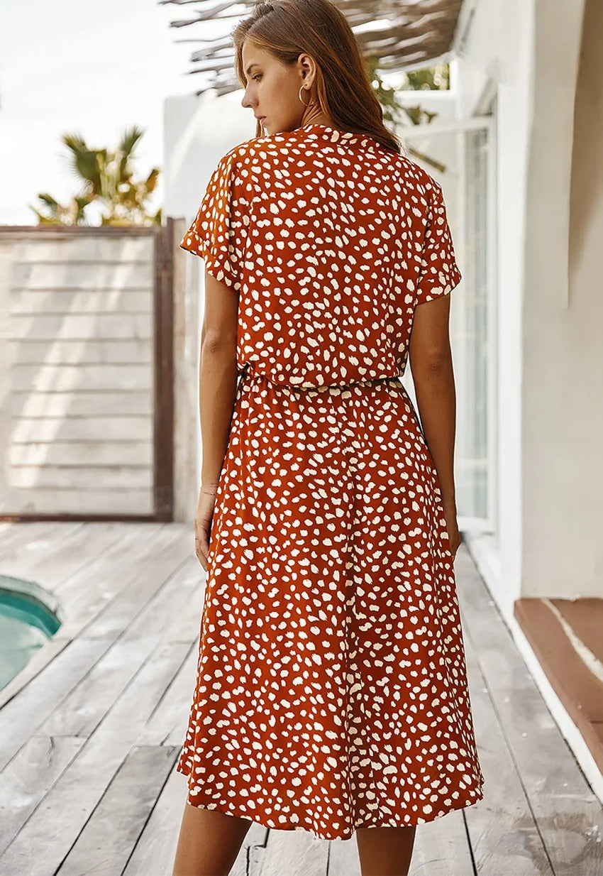 Camille | Midi Sommerkjole Hvid Leopardprint Viskose Bindebånd til Kvinder